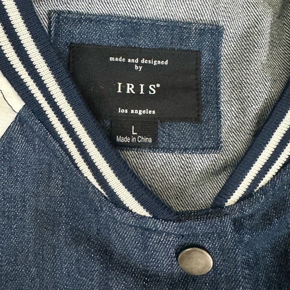 IRIS LETTERMAN Varsity Jean Bomber Jacket sz L A282 - Picture 3 of 5